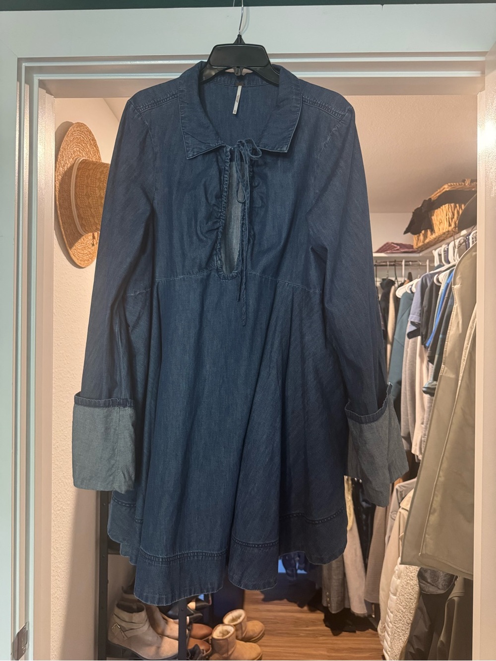 Free People Indigo Tie-Neck Denim Tunic